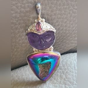 NWT Sajen Druzy Quartz, Amethyst, & Pink Tourmaline Goddess Pendant (Sterling)